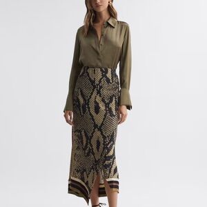 Reiss Daria Snake Print Midi Skirt In Brown Size US 4